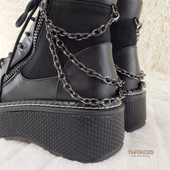 Emily Black Canvas Chain Goth 2" Platform Ankle Boots 114x - Picture 5 of 16